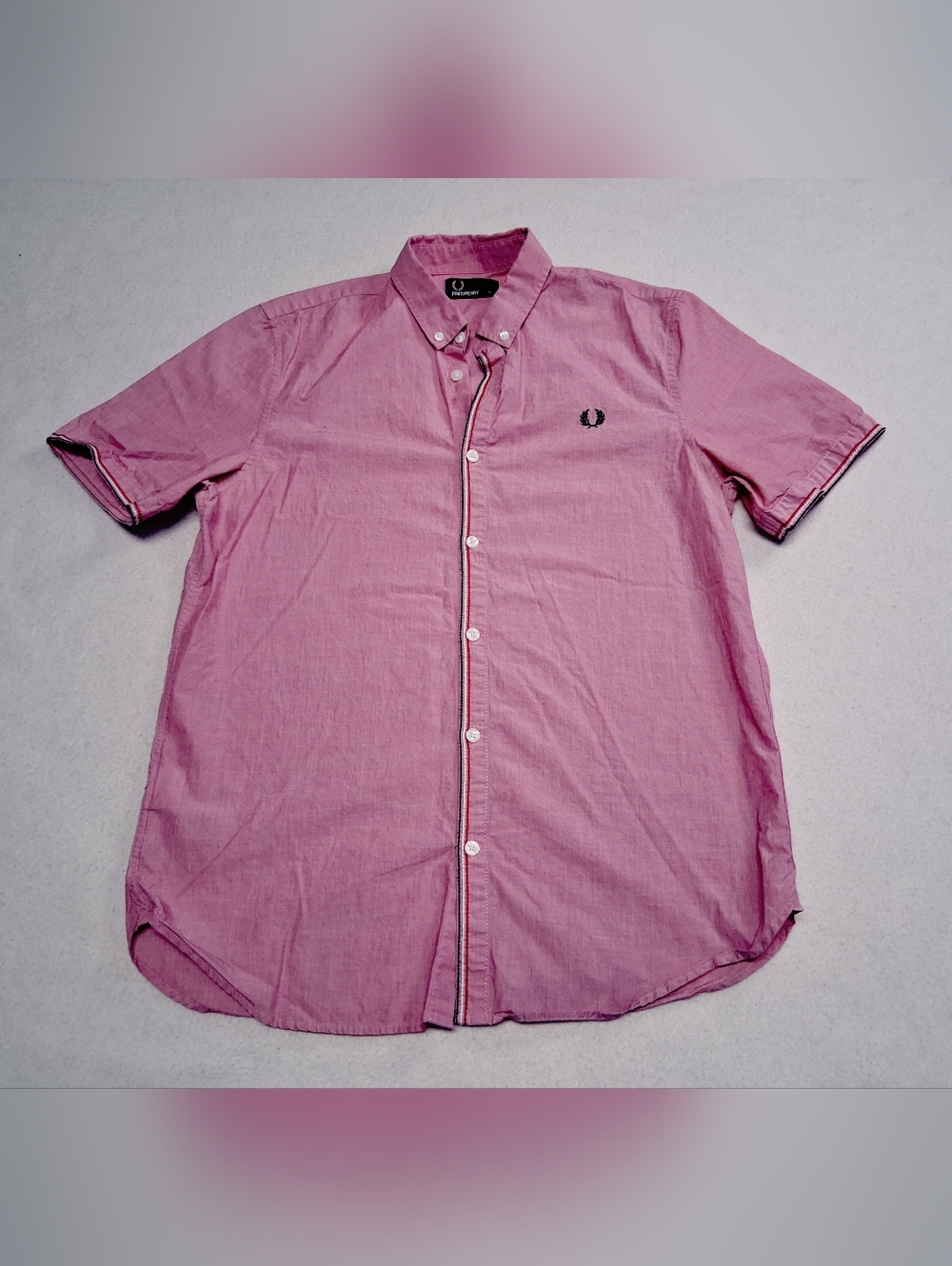 Fred Perry 100% Cotton Pink Short-Sleeve Button-Down Shirt with Laurel Logo